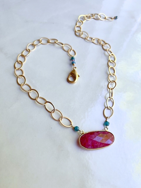 Apatite, Gold Chain, Ruby Oval Bar Necklace